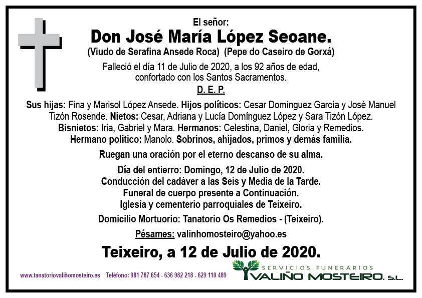 Esquela de José María López Seoane.
